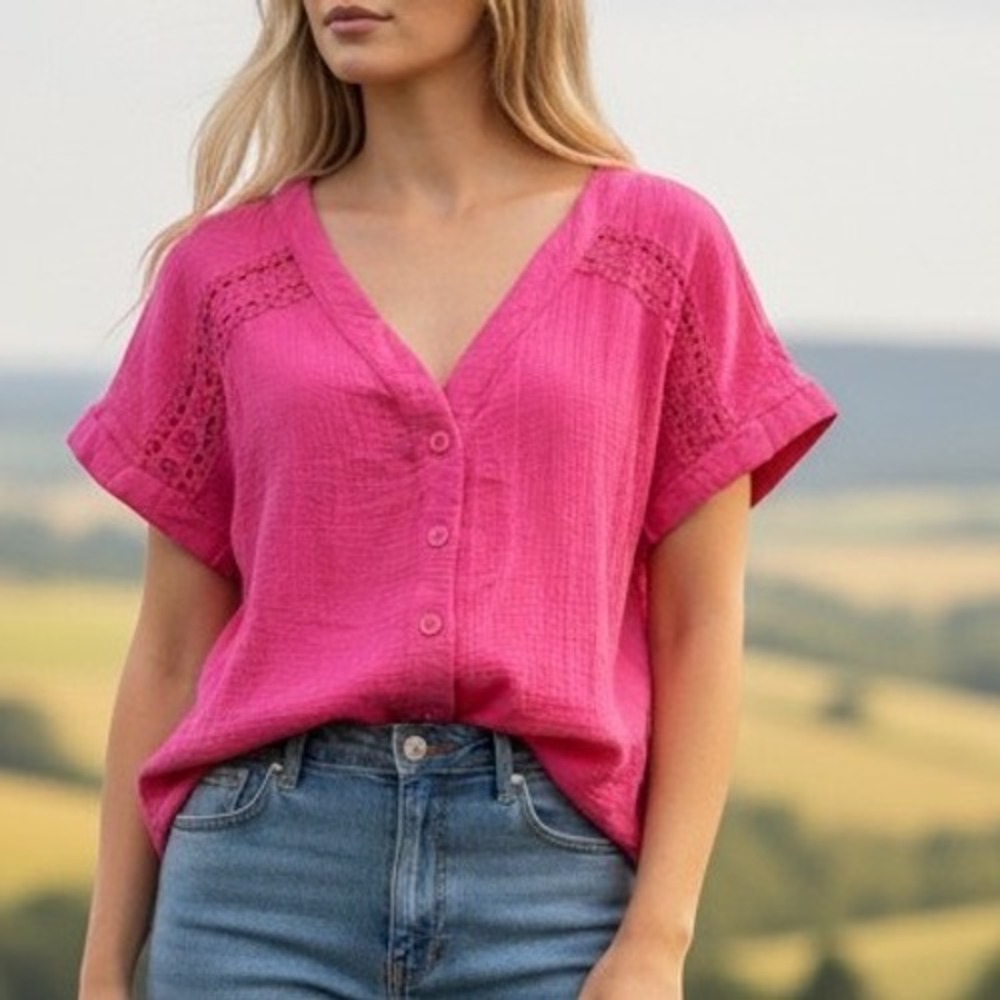 Cupshe Cotton Short Sleeve Button Down Top Pink Crochet Detail Women Small NWT